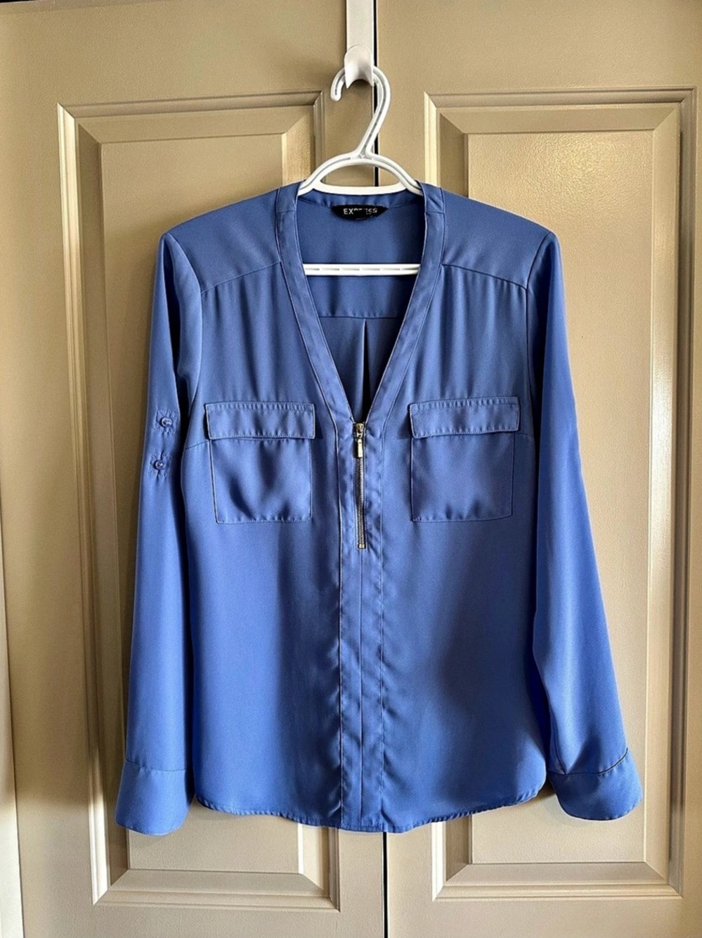 Express Royal Blue Zip-Front Blouse Blue Size Medium